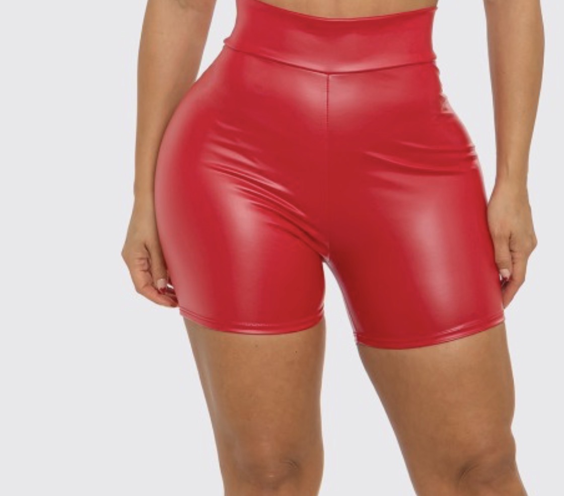 Red High Waist Leather Shorts