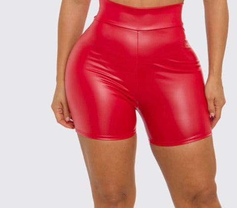 Red High Waist Leather Shorts